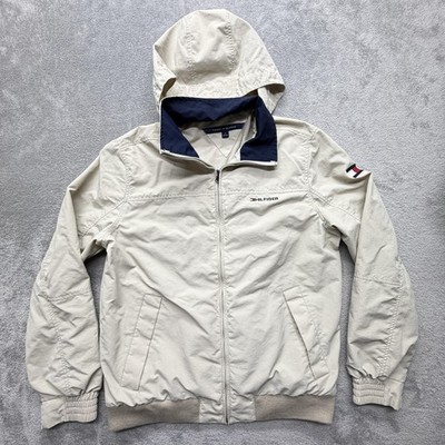 Tommy Hilfiger Jacket Mens M Beige Windbreaker Hooded Lined Full Zip Pockets