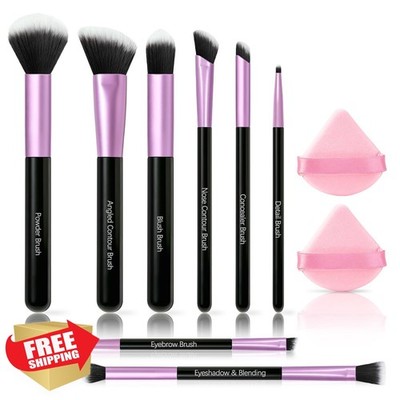 SOYOK 8 Pc Makeup Brush Set - Synthetic Powder Eye Blush Kit with Puffs Purple