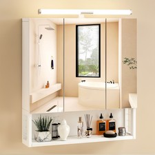 Bathroom Mirror Cabinet with Shaver Socket & Door & Open Compartment & LED Ajowj