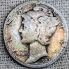 1927 D Mercury Dime Good : Light Rainbow Tone, Low Mintage 4.8M - .9 Fine Silver