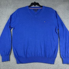 Tommy Hilfiger Sweater Men  s Large V-neck Blue Premium Cotton Logo Pullover
