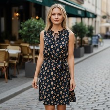 LOFT Petite Floral Print Sleeveless Ruffle Neck Tie Waist Dress Romantic Size M