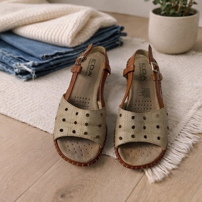 Eda Manzini Tan Leather Slingback Wedge Sandals Perforated Comfort Size 6-6.5