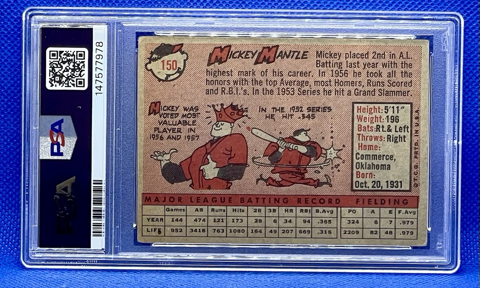 1958 Topps #150 Mickey Mantle PSA2 view 2