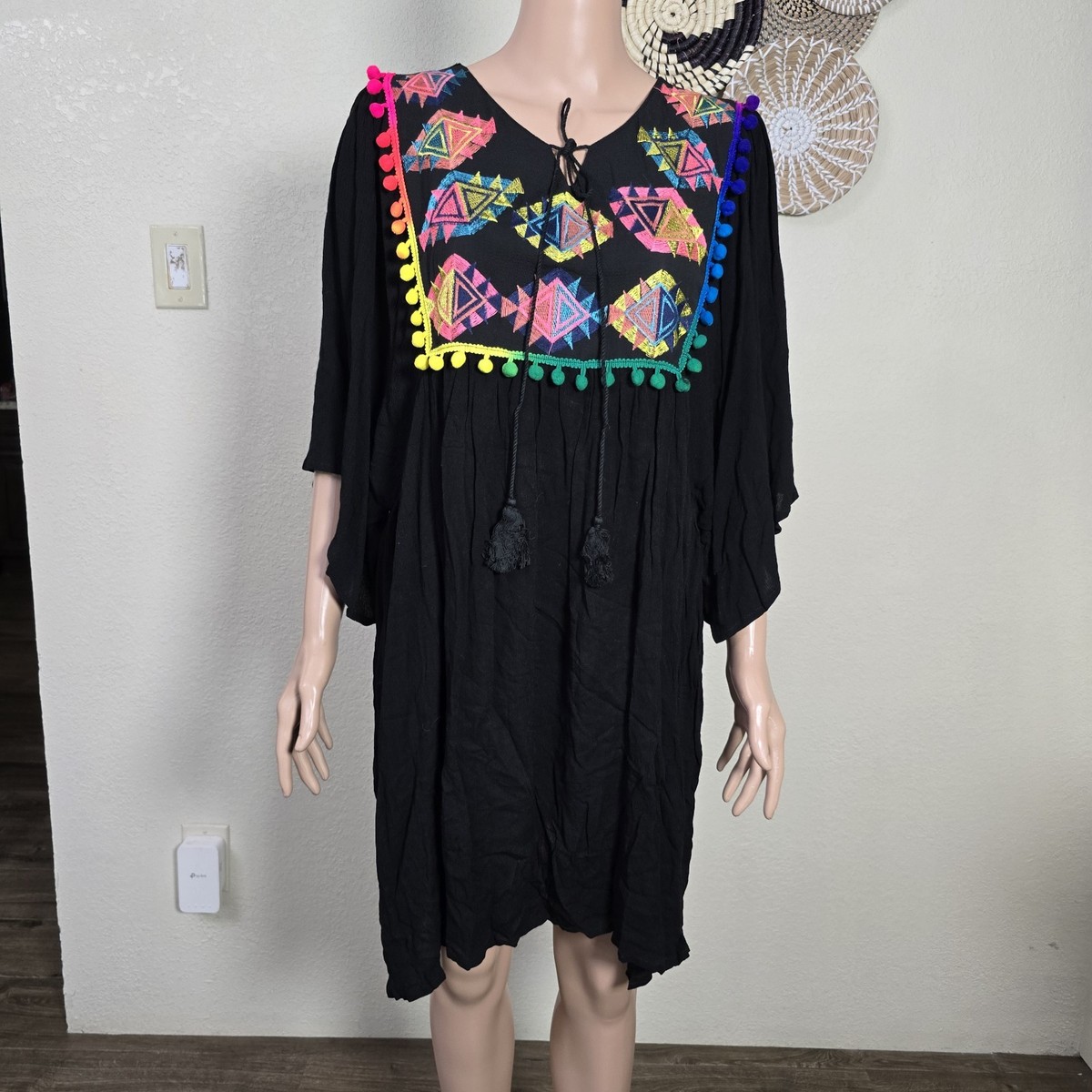 NWT Black Velzera Long Sleeve Dress With Floral Embroidery Size One Size  BOHO | eBay
