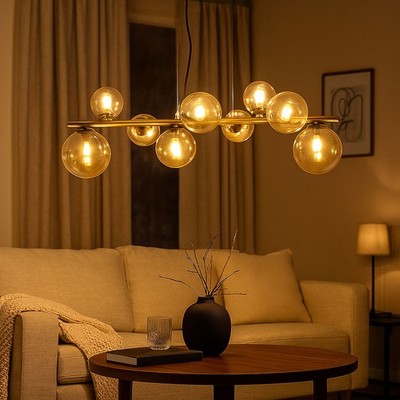 Pendelleuchte Hängelampe Hängeleuchte 9-flammig Glaskugeln amber LED L 86,6cm