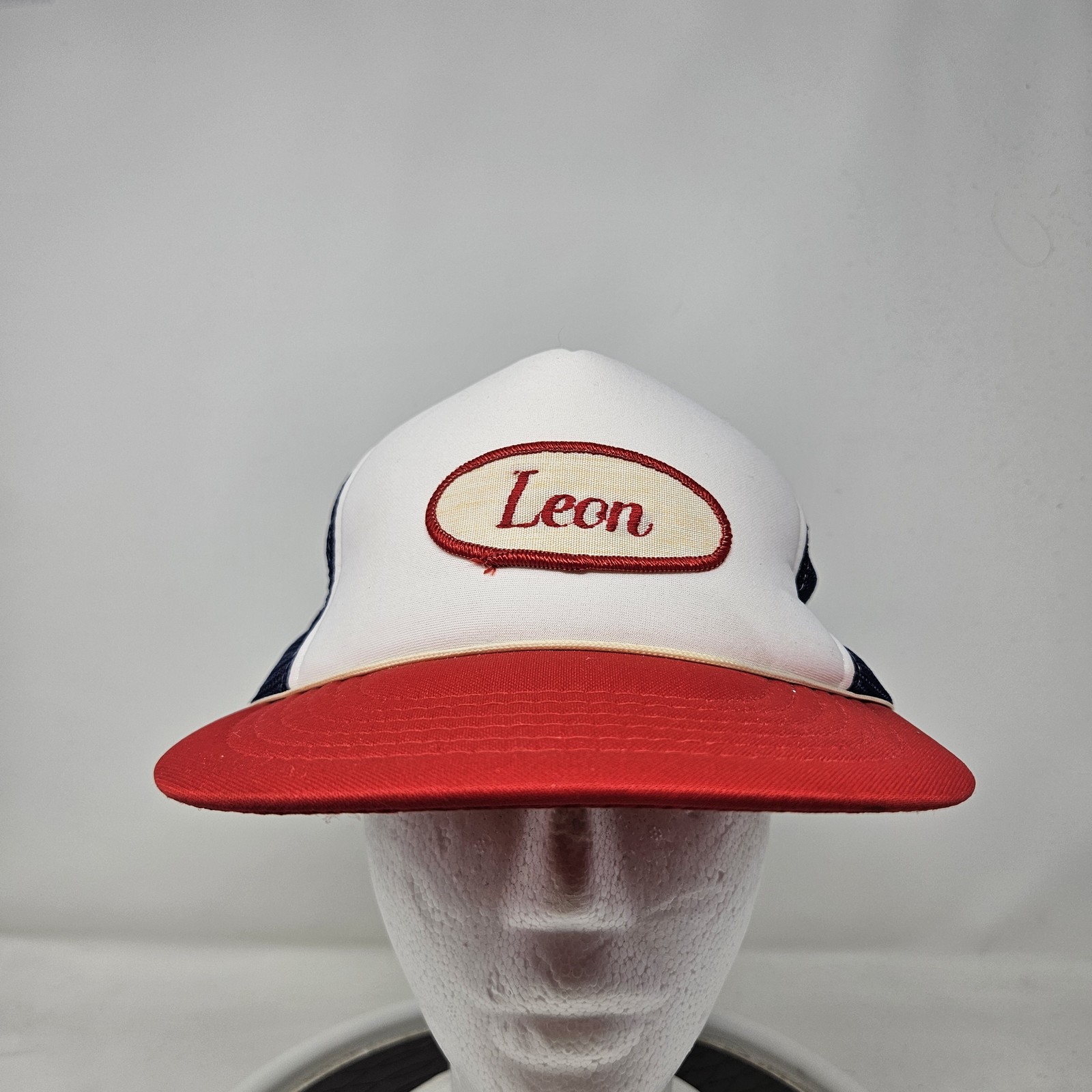 Vintage Leon Hat Cap Snap Back White Red Blue Mesh Trucker Patch Mens 80s