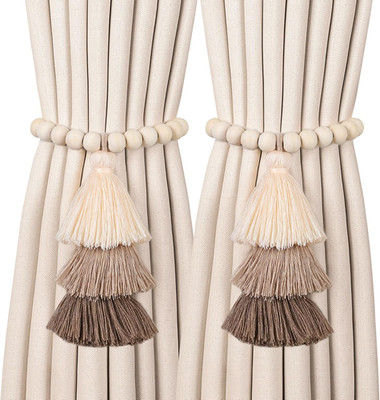 2 Pack Magnetic Curtain Tiebacks with 3-Tier Tassel, Wood Bead Curtain Holdbacks