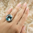 925 Sterling Silver White Gold Halo Rings Twinkling Sky Blue Aquamarine 16.16Ct
