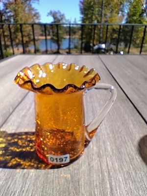 3 1/2'' Tall Amber Crackle Glass Crimped Rim Angled Drop Over Handle Pitcher