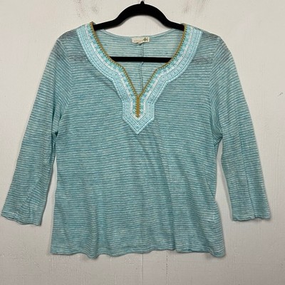 Democracy Artisan Crafted Blue Embroidered 100% Linen Beachy Top Size Small