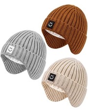 3 Pack Baby Beanie Hats with Earflaps, 2 Size 6-24 Months Gray beige caramel