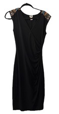 CACHE Size M Solid black stretch rayon cap sleeve dress heavily beaded shoulder