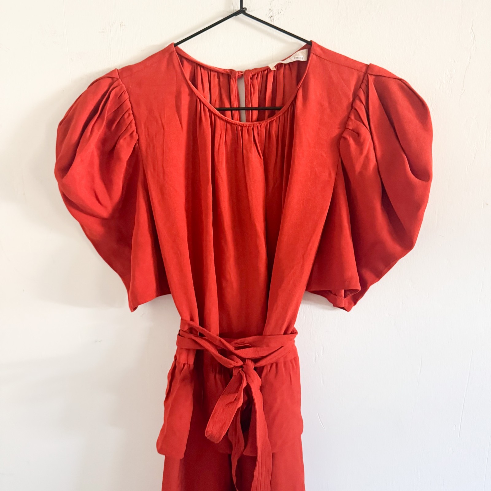Ulla Johnson Marion Red Orange Puff Sleeve Belted… - image 3