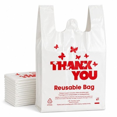 YoYoRain Reusable LDPE Shopping Bags with Handles 12x7x23, 2.25 Mil Thick, Wh...