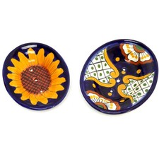 Talavera Pottery Mexico Set Folk Art Shower Soap Dishes w Drains Colorful Pair