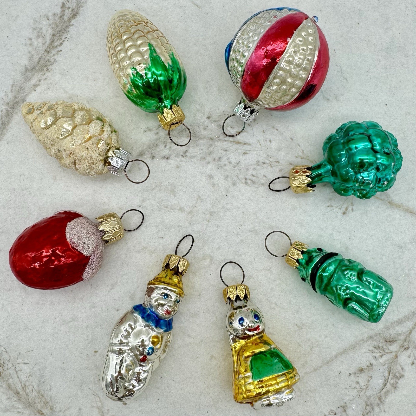 8 Vintage Blown Glass Christmas Ornaments Feather Tree W Germany Minis