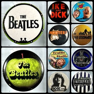 Vintage Pinback Button Lot 10pc Beatles Goonies Star Wars AC/DC Beetlejuice IKE