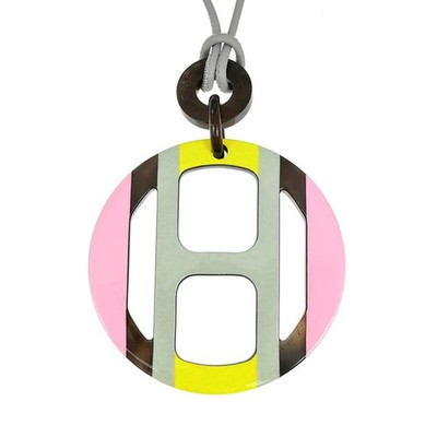 Hermes Necklace H Equipe Buffalo Horn Pink Gray Yellow Pendant