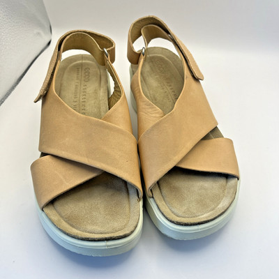 Ecco Sandals Womens Size 5.5 Corksphere Strappy Brown Suede Wedge Hook & Loop