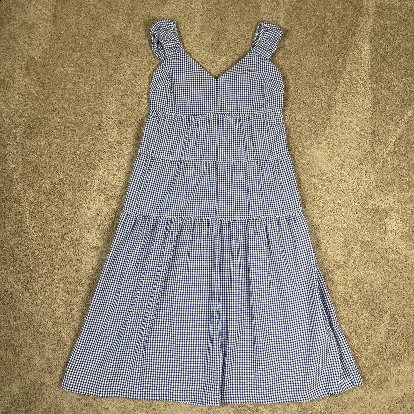 Old Navy Dress Womens L Blue Gingham Plaid Tiered Seersucker Maxi Cottagecore