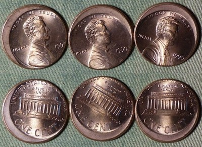 Errors : Lot 3 Coins 1999 Cent 15% off Center IREC1572