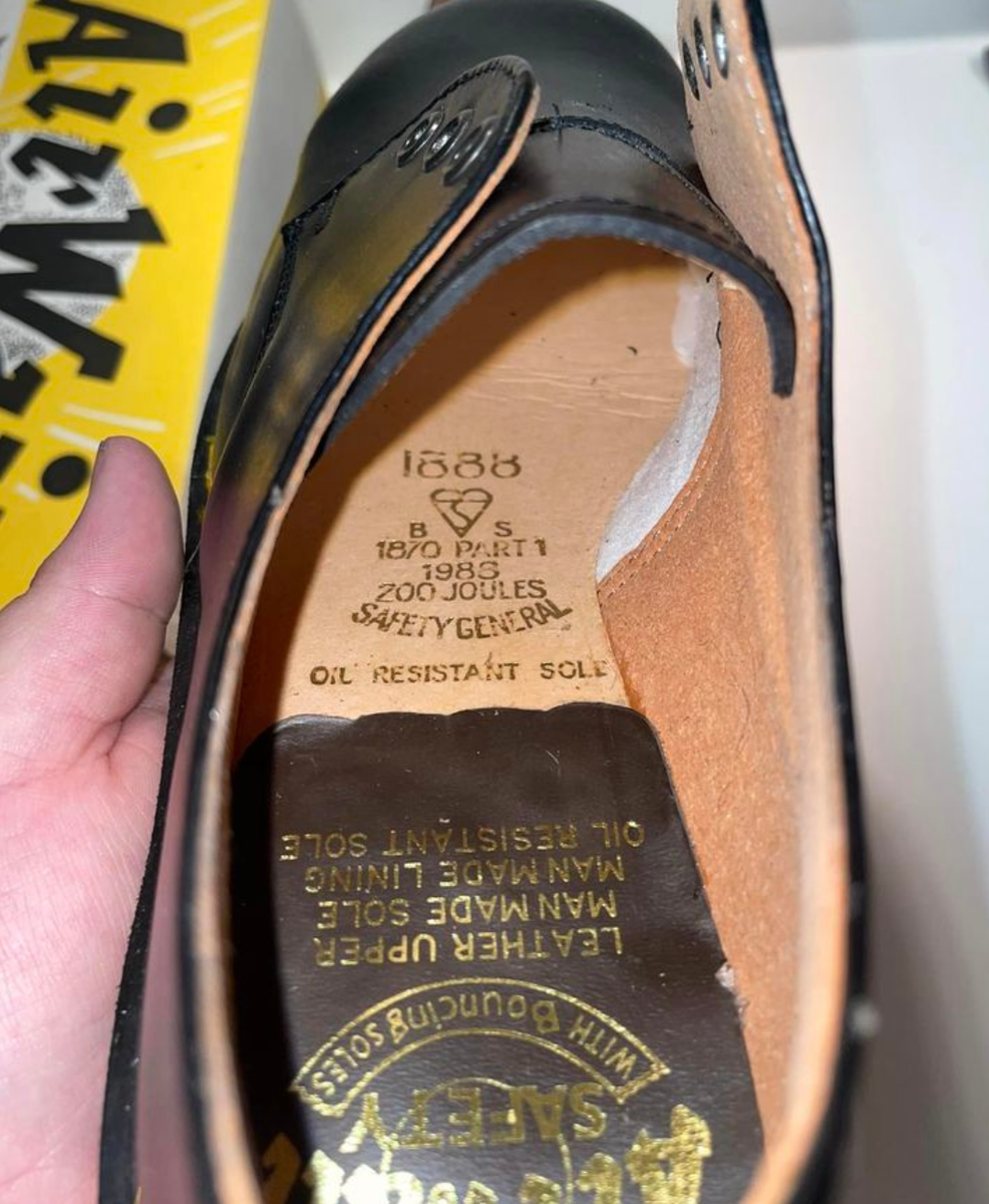 1980s Doc Martens Steel Toe 3 hole double stitching shoes made in