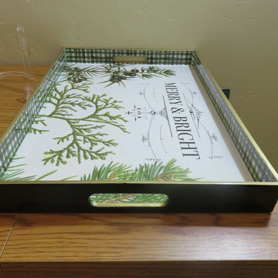 Large Lacquer Winter Holiday TRAY "MERRY & BRIGHT" Evergreens 12x 18 - Image 4 of 4