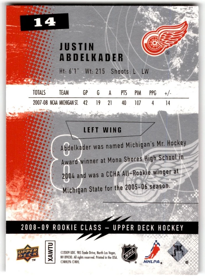 2008-09 Upper Deck Class Justin Abdelkader Rookie #14 Detroit Red Wings - Image 2 of 2