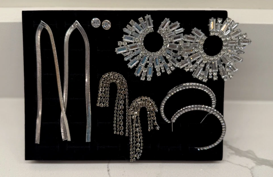 Lote de 5 pares de pendientes tono plata, diamantes de imitación y circonita cúbica - gotas de cristal brillante Foto 4 de 4