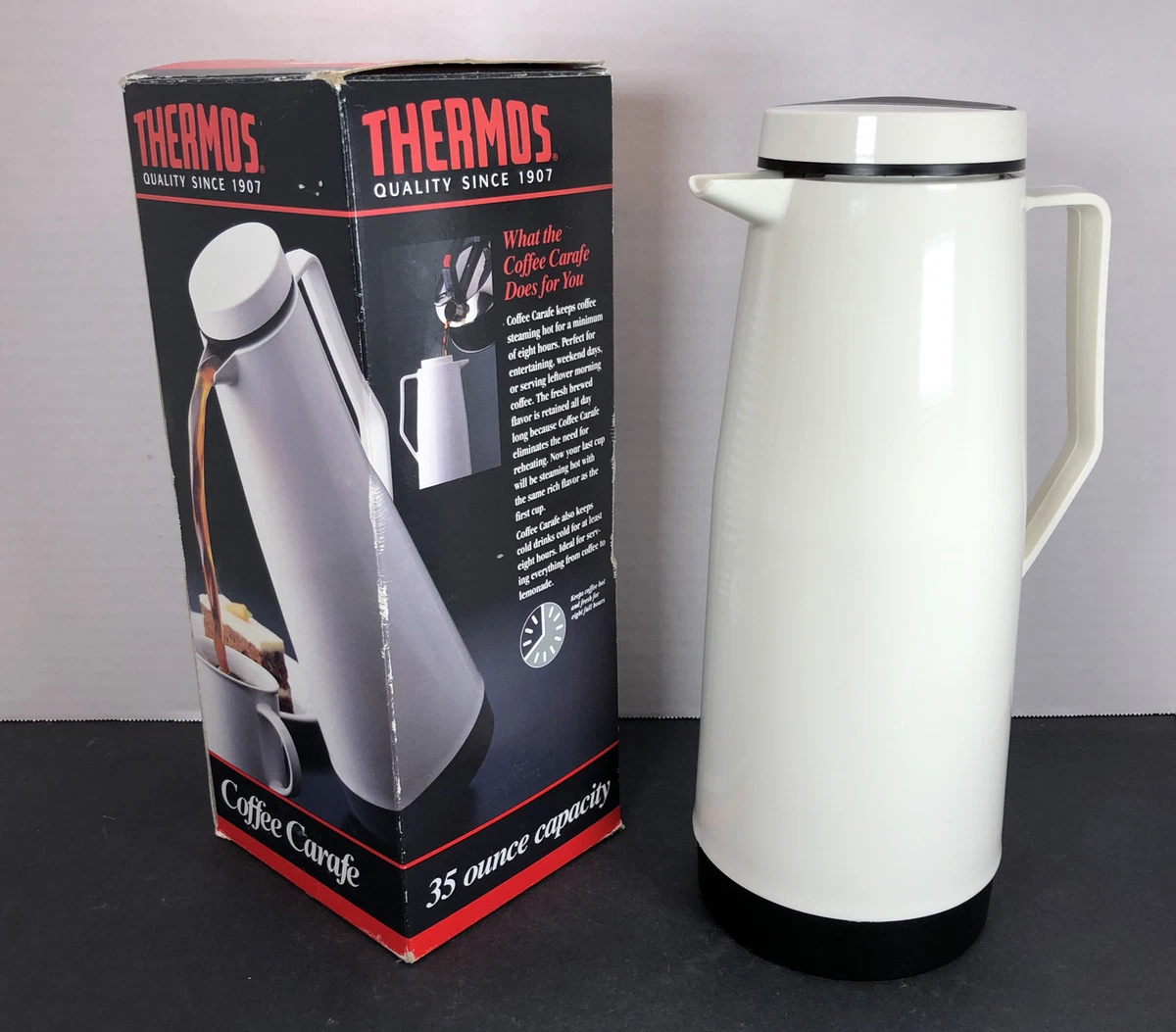 Thermos Coffee Carafe 35 oz Model 1013 White Hot Cold Glass Insulated  Pitcher