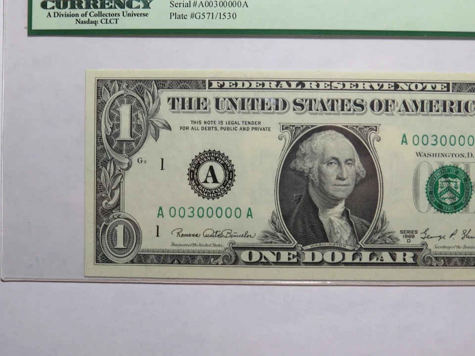 $1 1969 Fancy Near Solid Serial Number Federal Reserve Bank Note Bill #00300000 - Image 4 of 4