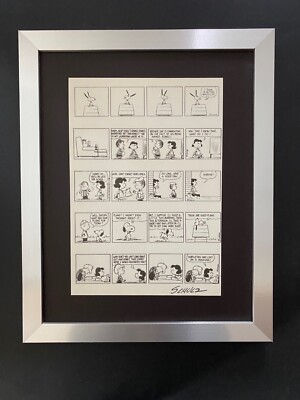 Charles Schulz Signed 1968 Snoopy Peanuts Cartoon Silver Frame Art