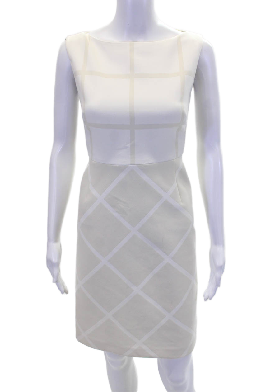 Elie Tahari Womens Boat Neck Geometric Colorblock Sheath Dress Beige Size 2