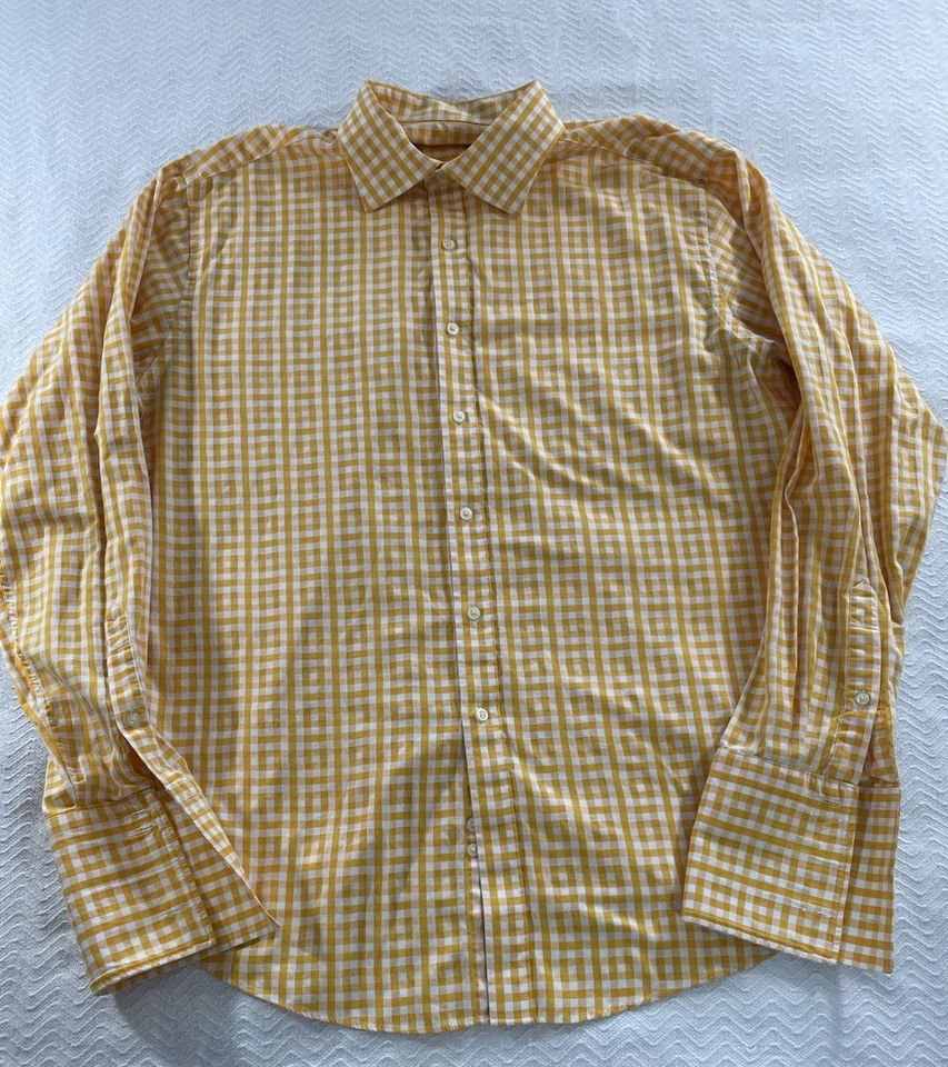 男式 Sean John 17.5 36/37 纽扣黄色格子礼服衬衫法国袖口 — 第 4/4 张图片