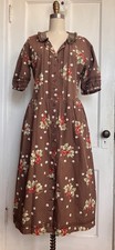 Vintage Brown Strawberry Print Midi Shirt Dress W Pockets, Waist Tie