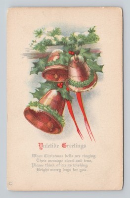 Antique Christmas Postcard Yuletide Greetings Bells Holly Poem Unused c1907-15