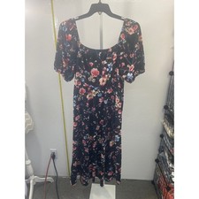 Floral Midi Dress Black Short Puff Sleeve Square Neck Cottagecore Summer Dress