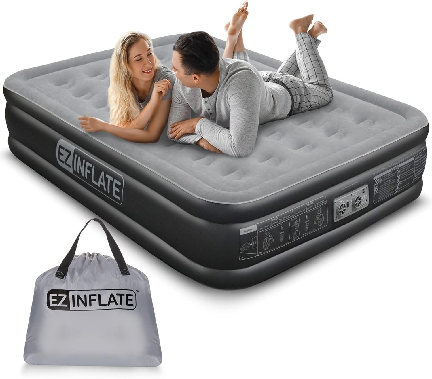 EZ INFLATE Portable Waterproof Blow Up Air Mattress for Travel/Home, Black, Full