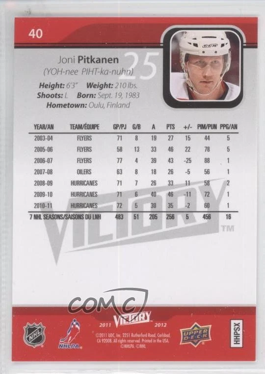 2011-12 Upper Deck Victory Joni Pitkanen #40 - Image 2 of 2