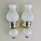 Vintage Pair of Milk Glass Wall Sconces Lights Wired Gold Tone Hardware