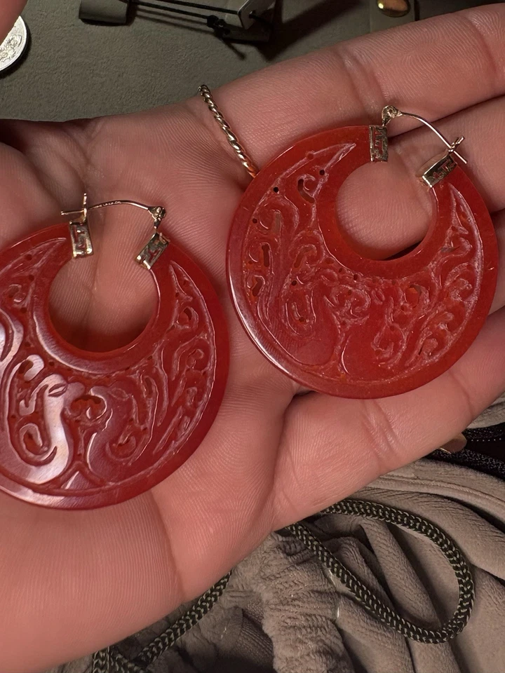 14k Yellow Gold Natural Red Phoenix Bird Agate Hoop Earrings Translucent 19.58G - Image 3 of 4