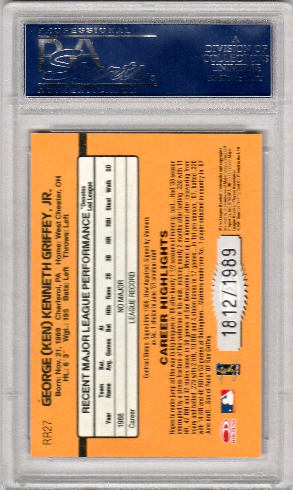 2001 Donruss Rookie Reprint #RR27 Ken Griffey Jr S#1812/1989 PSA 10 POP 2 !!!!! view 2