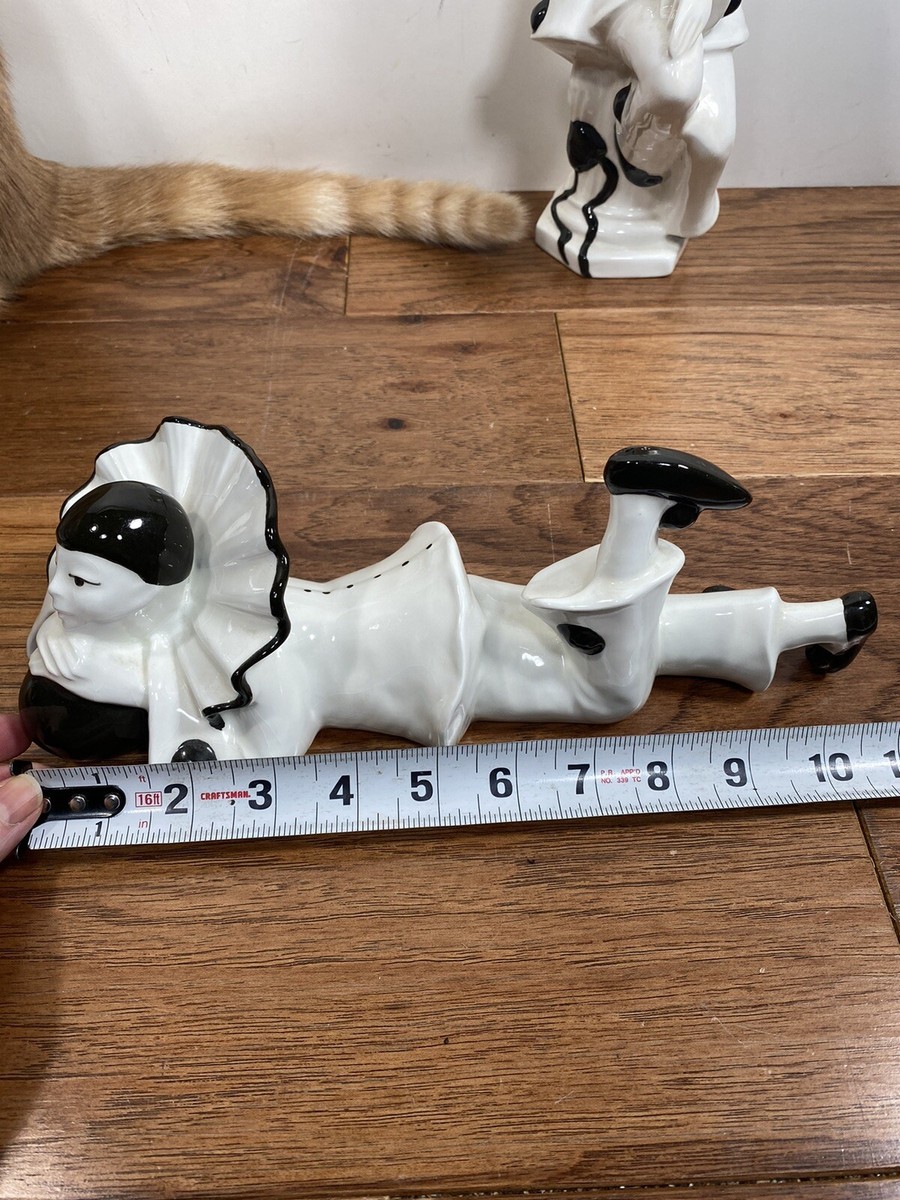 Set Of 2 Vtg Pierrot Clown Black & White Ceramic Figurine