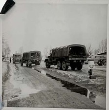 WW2 Era Photo U.S. Army Trucks Stopped On Wet Dirt Road