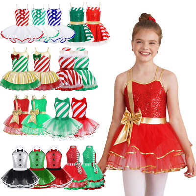 DE Mädchen Weihnachten Kleid Streifen Partykleid Ballett Tutu Festzug Kostüme