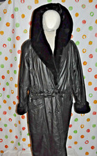 G Iii Middy Women`s M Medium Black Leather Hooded Long Coat Chic Euc