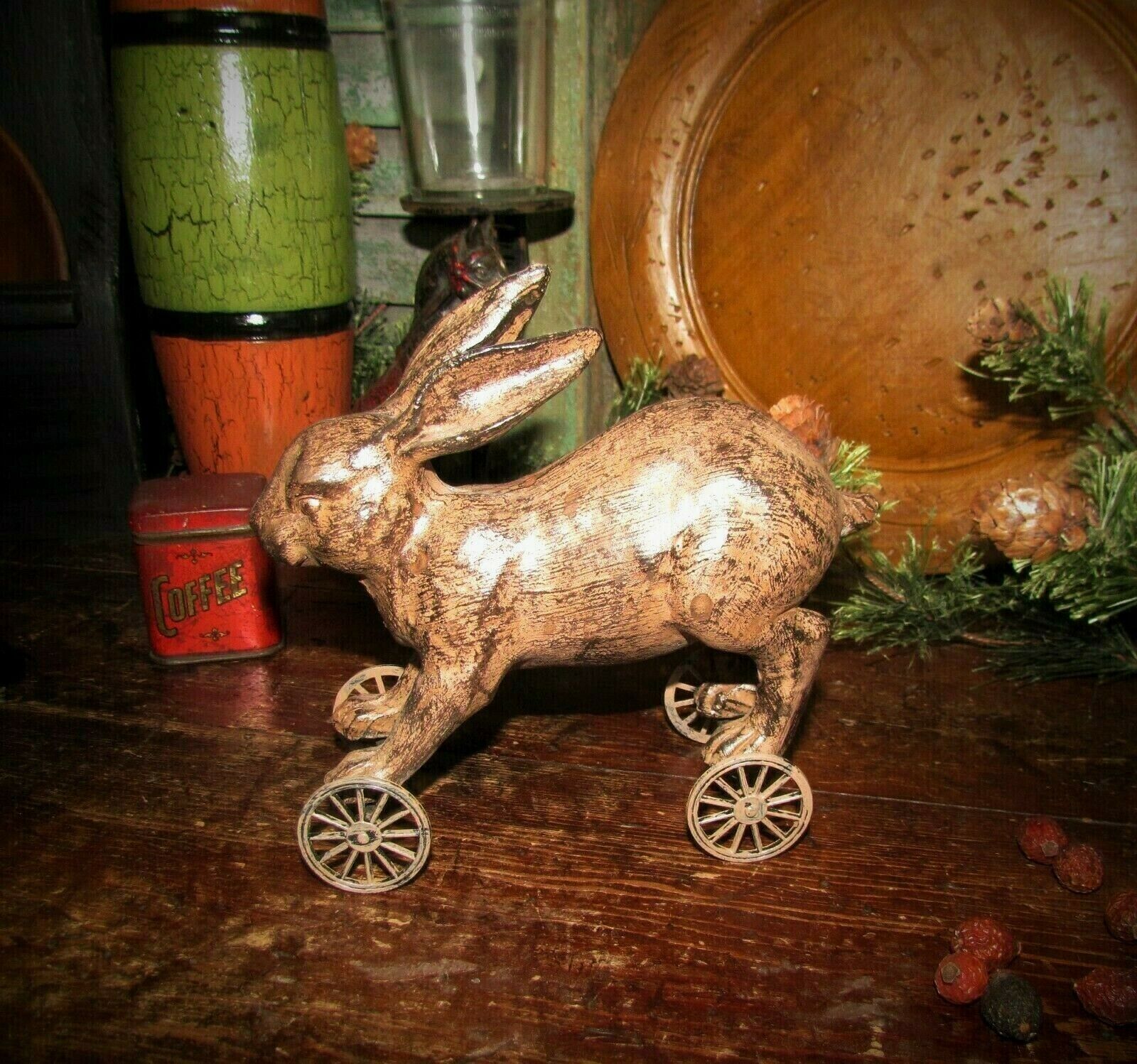 Primitive Antique Vtg Pull Toy Style Country Farm Easter Bunny Rabbit on WHEELS
