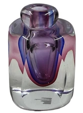 Stunning Art Glass Perfume Bottle Bud Vase Purple & Pink Swirls Square Shape 4”