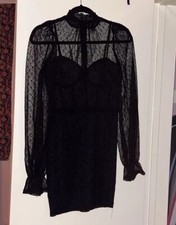 EUC Windsor Black Sheer Lace Ruffle Neck Cocktail Evening Homecoming Dress Small